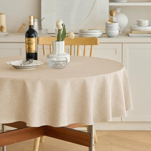 Decorelia Faux Linen Round Table Cloth 60 inch, Waterproof Decorative Fabric Anti-Scratch Texture Round Tablecloth Cover for Dining, Kitchen & Outdoor Table (60 Inch, Round (2-4 Seats), Beige)