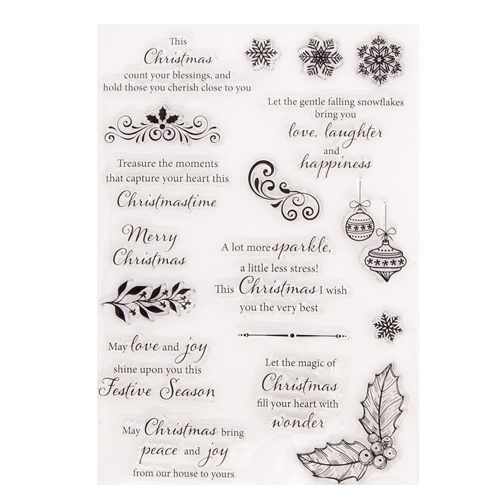Arbuya Merry Christmas Happy New Year Verses Phrase Berry Branch Baubles Snowflakes Rubber Stamps Clear Stamps for Christmas Card Making Decoration and DIY Scrapbooking Rubber Stamps for Crafts