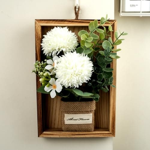HOMEXO Artificial Chrysanths Wall Hanging Flower Frame – Rustic Wooden Frame with Burlap Vase, Home & Office Wall Décor