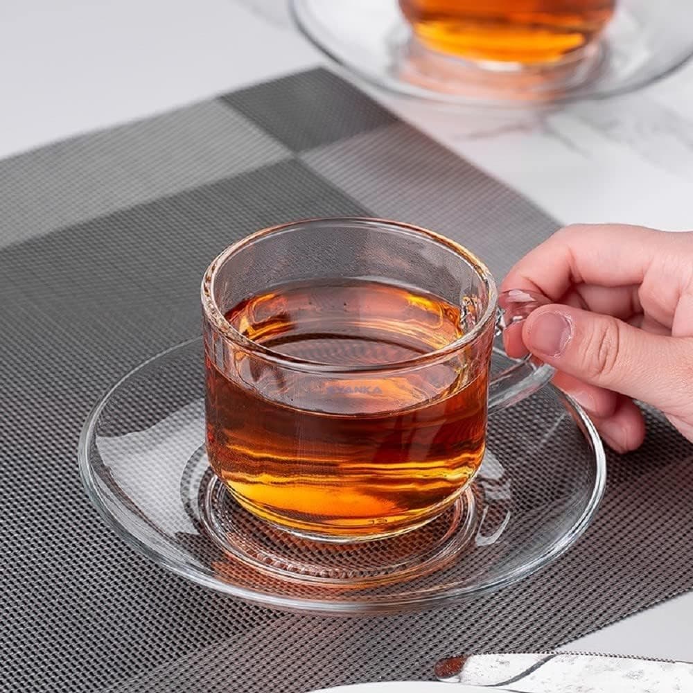 ConvertKitchen Glass Tea and Coffee Cups with Glass Saucer for Home Set 180 ml Pack of 12