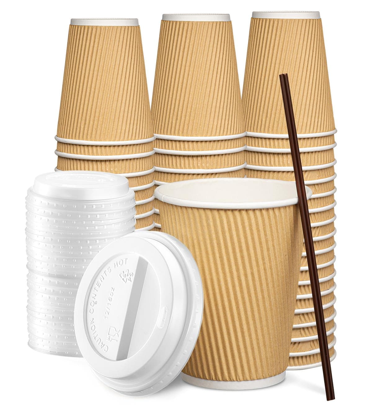 GUSTO 12 oz 100 Count Insulated Kraft Ripple Paper Hot Cups Disposable Coffee Cups With Lids Ideal for Hot Beverages Travel and Office Use Formerly Comfy Package