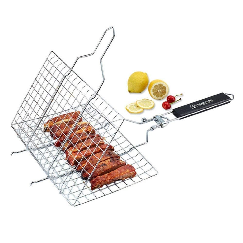 Harivar Mart Portable Nonstick BBQ Grilling Basket Stainless Steel Grill Wire Net LongGrilling Basket with Wood Handle for FishVegetables SteakShrimp Chops and Many Other Food Silver