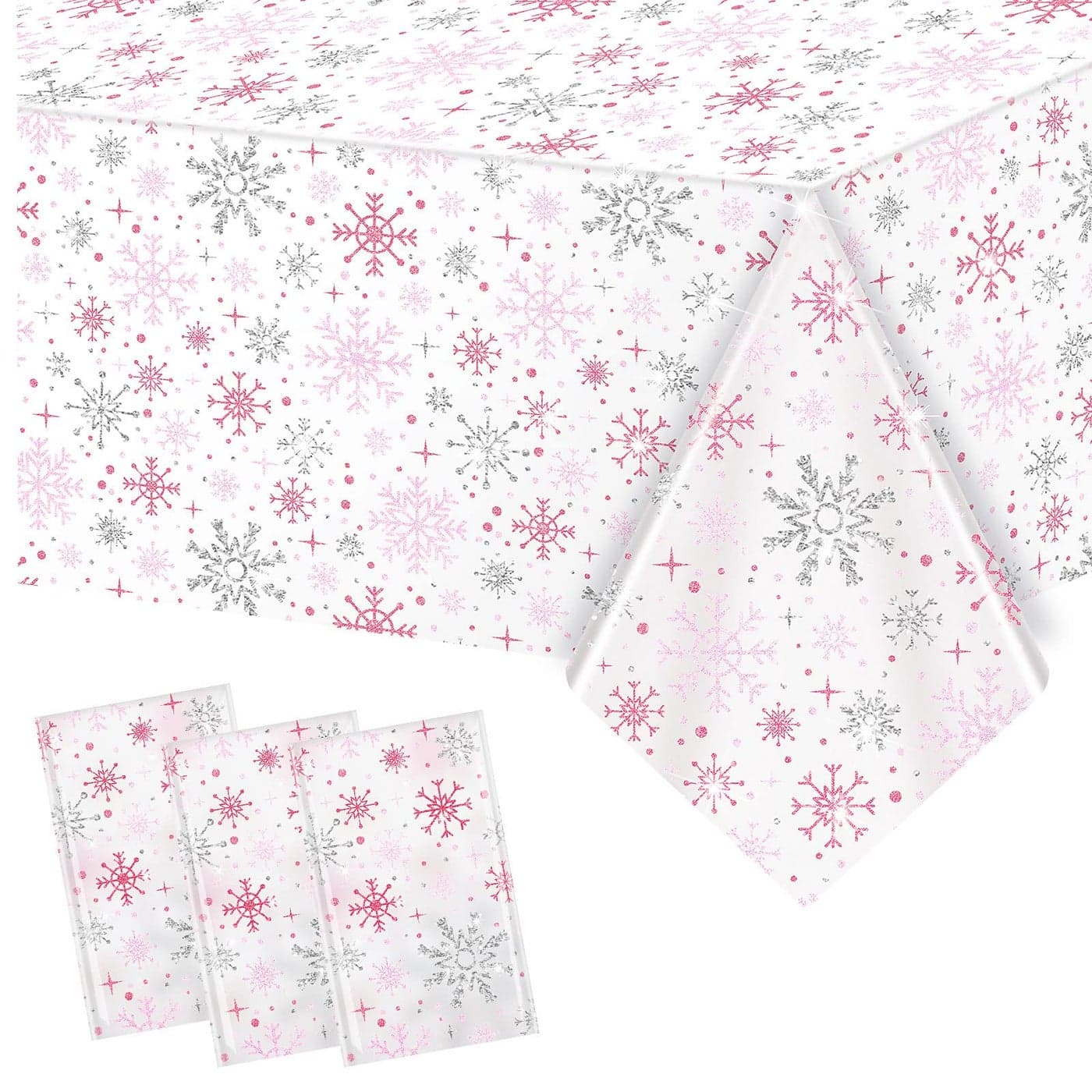 Jecery 3 Pcs Winter Snowflake Tablecloth Birthday Party Decorations Winter Snowflake Wonderland Plastic Table Cover Cloth for Kid Girl Birthday Baby Shower Party Supplies Pink
