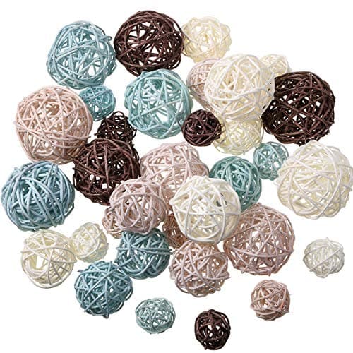 Patelai 36 Pcs Wicker Rattan Balls Decorative Balls for Vase Centerpiece Bowls Orbs Filler for Home Decor,4 Sizes(Blue, Light Brown, Dark Brown, White)