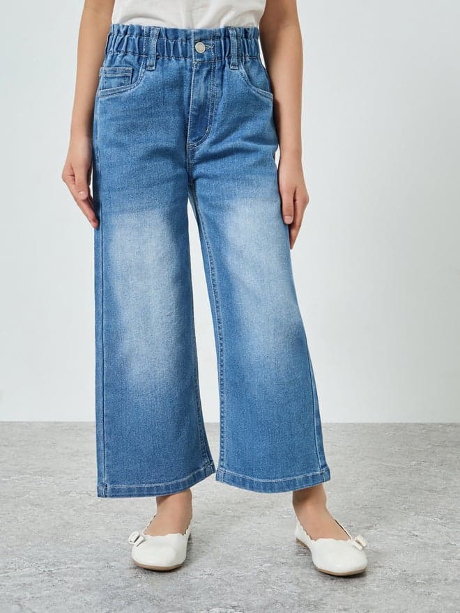 Girls Blue Cotton Wide Leg Washed Jeans
