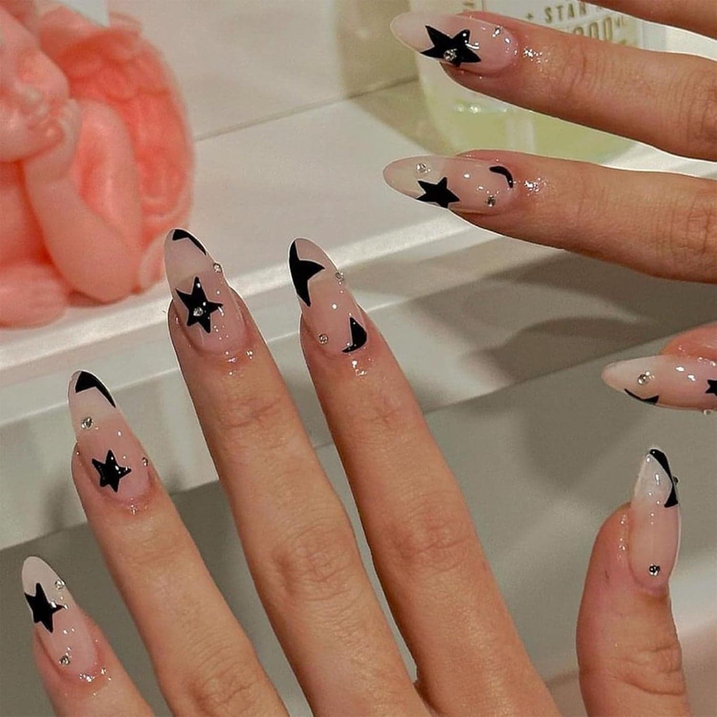 Almond False Nails 24pcs French Style Stars Rhinestone Design Reusable Waterproof Full Cover Acrylic Material Decorative Finish 1 Set 1 Pack