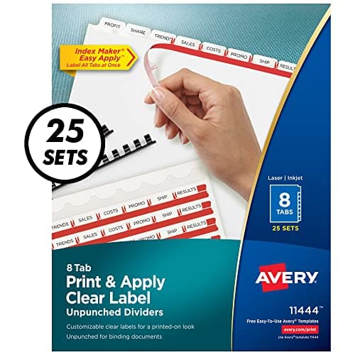 Avery 8 Tab Unpunched Dividers for Use with Any Binding System, Easy Print & Apply Clear Label Strip, Index Maker Customizable White Tabs, 25 Sets (11444)