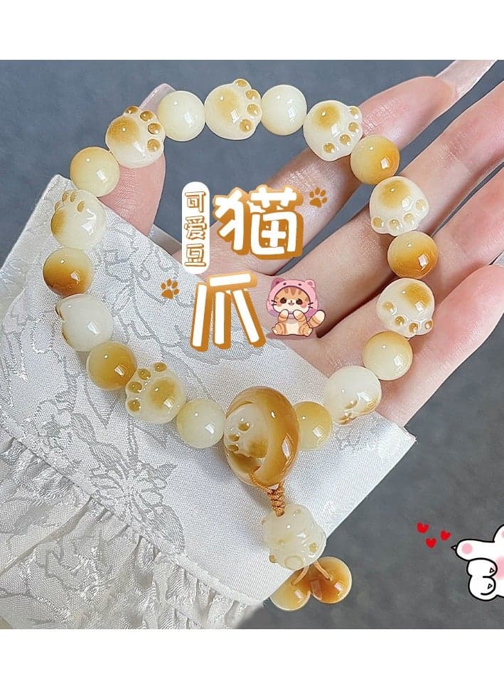 Exquisitely carved cute cat paw shaped handheld pendant bead bracelet natural bodhi fruit bracelet
