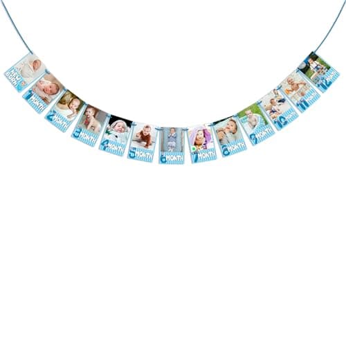 WOBBOX Photo Banner Blue 1 to 12 Month, Photo Banner for First Birthday, Photo Banner New Born to 12 Months, Medium (WOBOX2497)