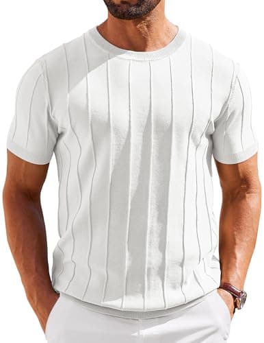 COOFANDY Knit Shirts for Men Summer Shirts Short Sleeve Crew Neck Sweater Business Casual Shirt White