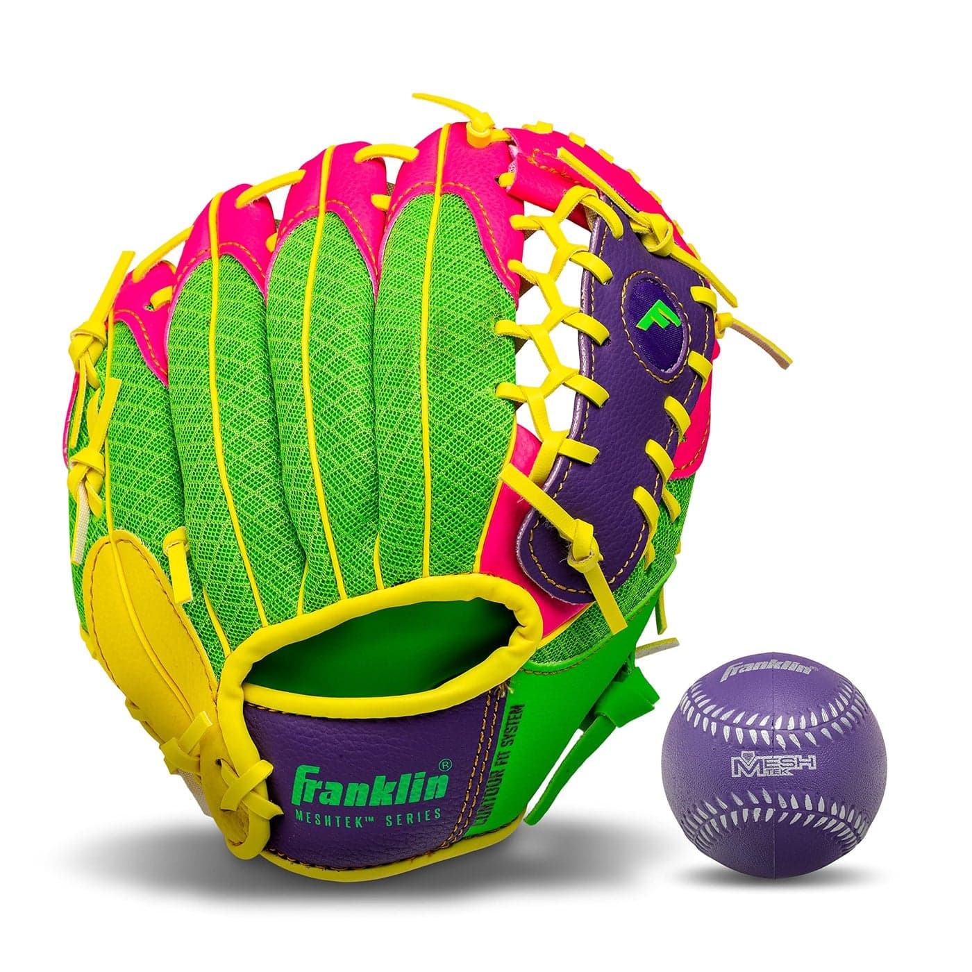 Franklin Sports Kids Baseball Gloves - Meshtek Child's Tball Glove + Ball Set - Boys + Girls Teeball Mitt Set - Kids + Toddler Right Hand Throw - 9.5",Purple/Pink/Yellow