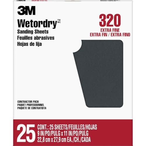 3M Wetodry Sandpaper, 25 Sheets, 320 Grit Sanding Paper, 9-in x 11-in, For Final or Between Coats Sanding, Sandpaper For a Premiere Finish on Lacquers, Primers, Sealers, Plastics and Paints (99421NA)