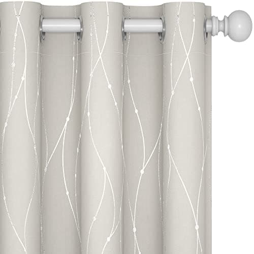 Deconovo Room Darkening Curtains, Light Beige Curtain, Thermal Insulated Noise Reducing Drapes, Silver Wave Dots Print, 42 x 54 Inch Long, Machine Washable Window Panels for Kitchen Nursery, Set of 2
