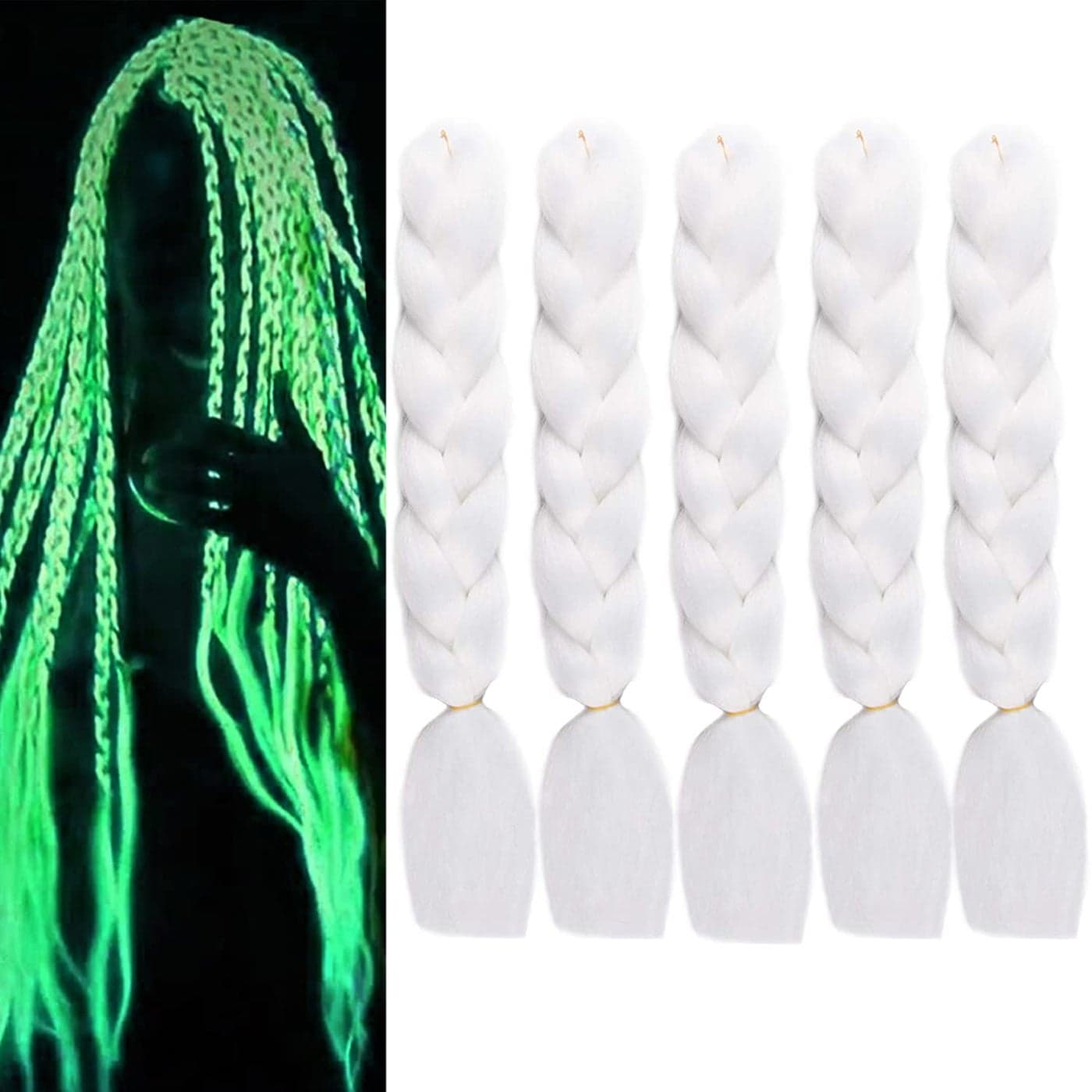 Glow in the Dark White Braiding Hair Kanekalo Pre Stretched Colored Hair Extensions for Braiding 24inch 5pcs Luminous Jumbo Braids for Kids Girls Women