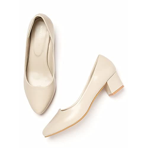 Marc Loire Women's Cream Block Heel Pump Shoes Pointy Toe Stilettos, 7 UK