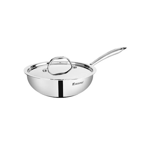 BERGNER Argent TriPly Stainless Steel 22cm Wok with Stainless Steel Lid, 2.2 L Kadai with Long Handle, Less Oil Use, Healthy Cooking, Food Safe, Flared Rim, Durable - Induction Bottom and Gas Ready