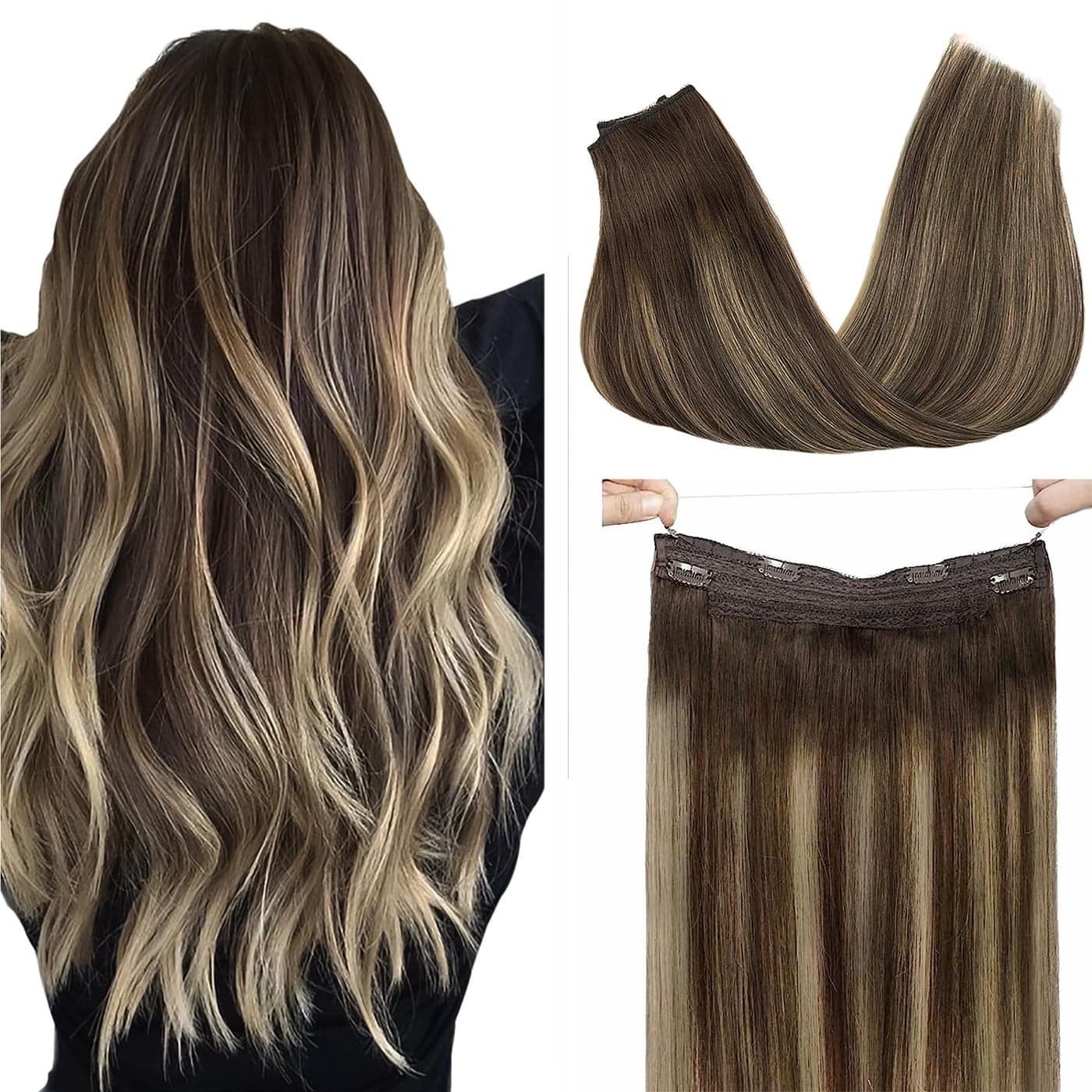 GOO GOO Wire Hair Extensions Human Hair 4264 Chocolate Brown with Honey Blonde Balayage 16inch 95g Invisible Wire Hair Extensions with Transparent Seamless Fish Line Hairpiece