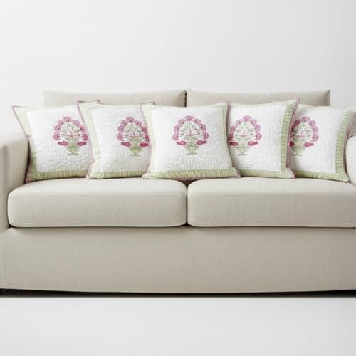 HOMEMONDE Set of 5 Cushion Covers 16x16 Inches – Soft Floral Hand Block Print, Premium Cotton 300 TC Pillow Cases for Living Room & Kids Room – Pink (40x40 cm)