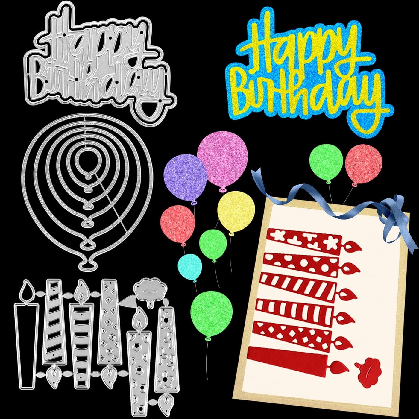 3 Pack Birthday Metal Cutting Dies Stencils MIKIMIQI DIY Craft Metal Scrapbooking Dies Cuts Happy Birthday Candle Balloons Embossing Stencils Template for Card Making Scrapbooking Craft Paper Decor