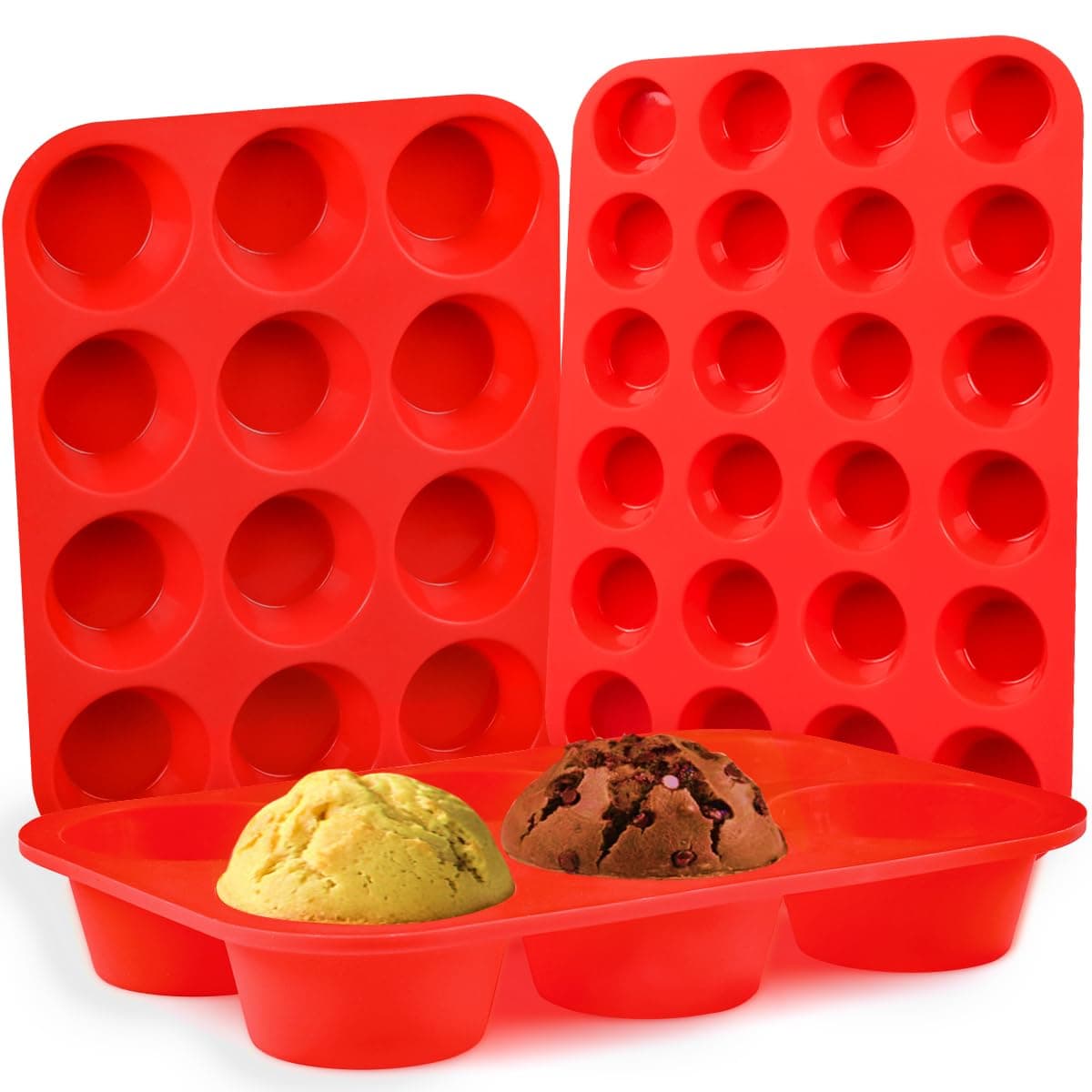 Silicone Muffin Pan Set Mini 24 Cups Regular 12 Cups Cupcake Pan Jumbo 6 Cups Muffin Pan Silicone Bakeware for Baking Set of 3