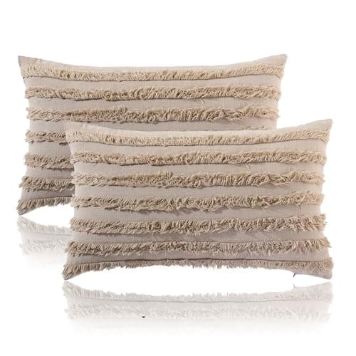 mosey 12x18 Cushion Covers Set of 2 | 100% Cotton Rectangle Cushion Covers for Sofa, Bed | Boho Rectangular Shape Cushion Covers 12 inch x 18 inch Taupe