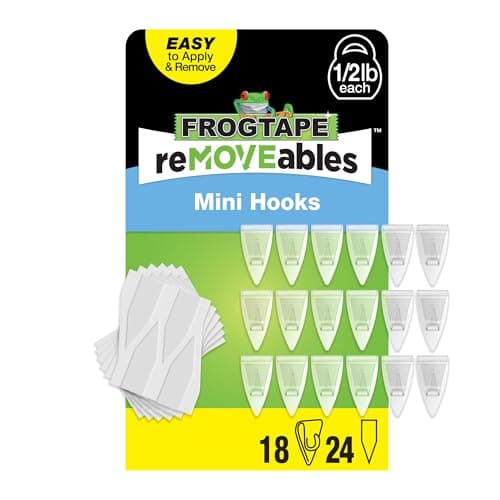 FrogTape reMOVEables Mini Adhesive Hooks for Hanging - 18 Clear Hooks & 24 Adhesive Strips - Damage-Free Indoor Clips for Lights, Keys, Wires, Decor - Removable & Reusable (Pack of 18)