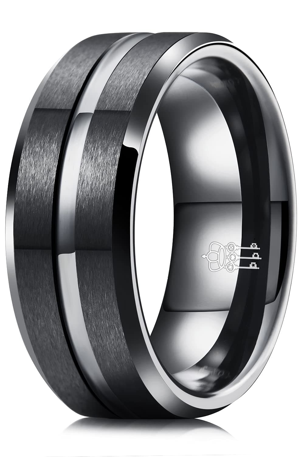 THREE KEYS JEWELRY Mens Charming Jewelry Brushed Grooved Tungsten 8mm Wedding Carbide Black Ring Band for Men Engagement Size 11