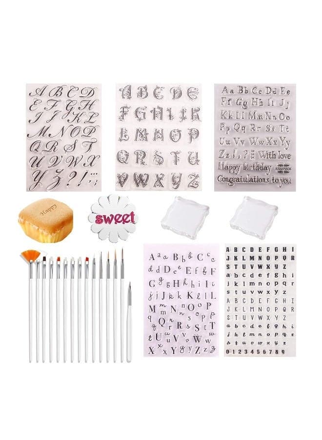 Alphabet Cake Stamp Set - 5 Letters Numbers Fondant Molds, 2 Acrylic Blocks 5 Brushes for DIY Baking Decorating