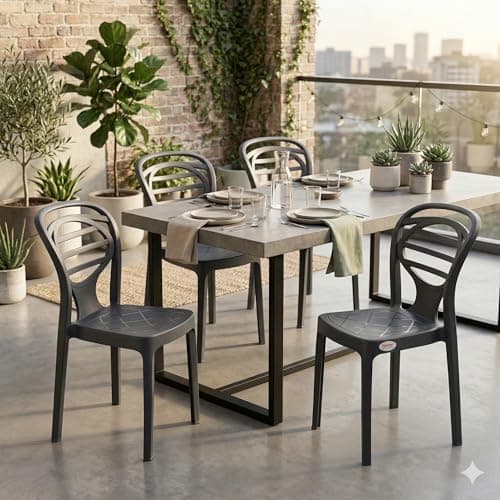 Oaknest Supreme Oak Armless Plastic Dining Chair | Compact & Ergonomic Design for Home, Living Room, Balcony & Outdoor Seating | Color : Charcoal Grey, Set of 4
