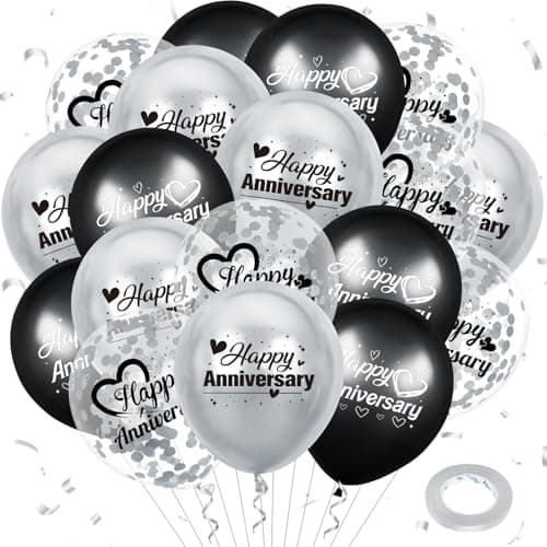 Woosytoo Happy Anniversary Balloons 18Pcs Black Silver Party Decorations for Women Men 12Inch Metallic Confetti Balloons for Indoor Outdoor Party Supplies