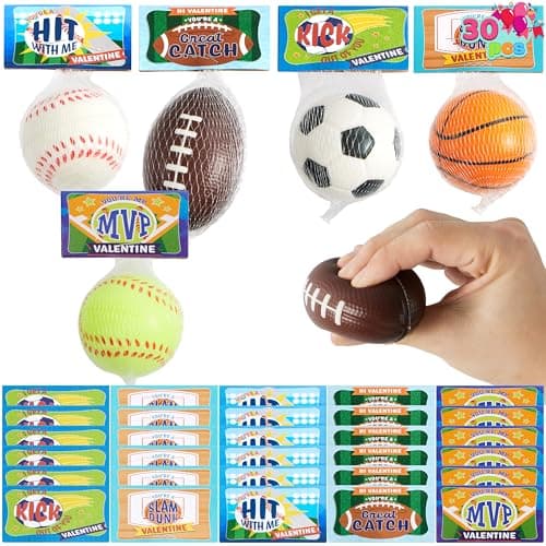 JOYIN 30 Pack Kids Valentines Day Gift Cards with Gift Mini Sports Ball Figure Stress Balls Squishy Toy Foam Balls for Classroom Exchange Prizes Stress Relief Anxiety Relief Valentine Party Favor