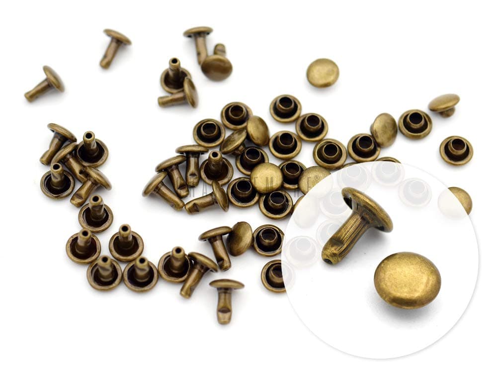 CRAFTMEMORE 100 Sets Double Cap Rivets Leather Rivet Tubular Metal Rapid Rivet Studs for Leather Craft VTDC (7 mm Cap, Antique Brass)