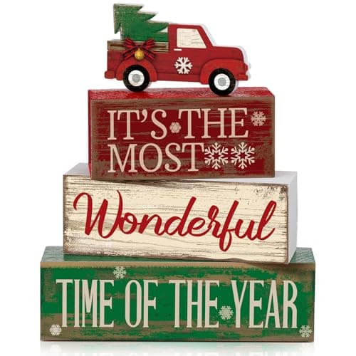 Moucuny 4 Pcs Christmas Decor Wooden Red Truck Winter Tiered Tray Decor Rustic Merry Christmas Table Centerpiece Wood Red Truck Block Sign Gift Farmhouse for Home Kitchen Tabletop Office Shelf