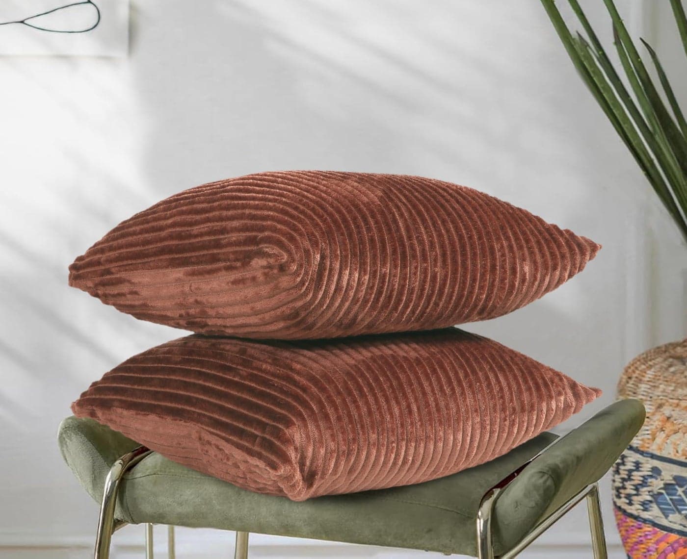 RD TREND® Cushion Cover Set of 2, Decorative Sofa Living Room Home Square Cushion Covers 24 Inch x 24 Inch, Aesthetic Corduroy Striped Double Sided (Coffee)