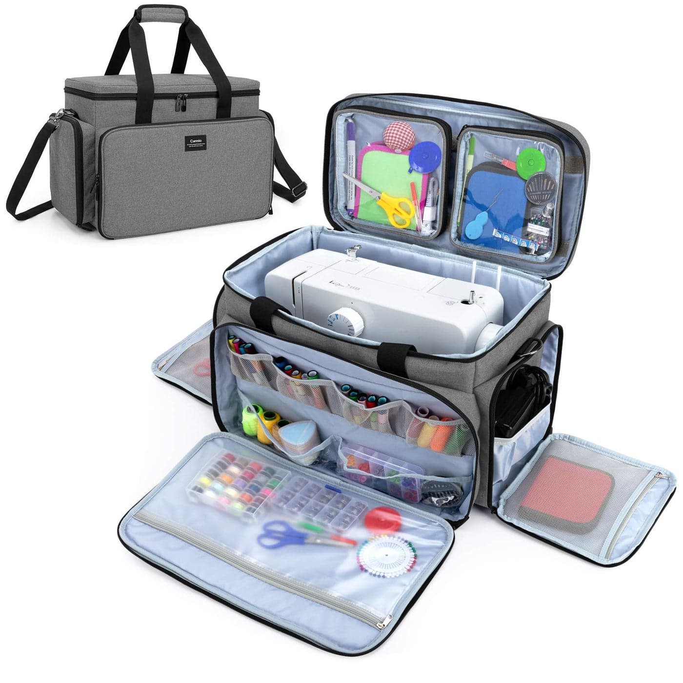 CURMIO Sewing Machine Carrying Case for Most Standard Sewing Machine Universal Travel Tote Bag with 2 Removable Transparent Zipper Pouches for Sewing Supplies Gray Patented Design