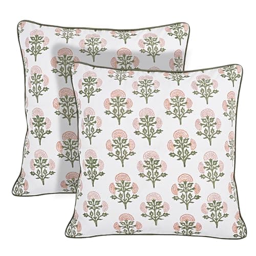 Ridhi Block Print Mughal Buta Peach Pillow Cover 20" x 20" (Pack of 2) Decorative Couch Pillows for Living Room, Farmhouse Chic Boho Cute Outdoor Pillows Covers Gifts for Spring, Mother's Day