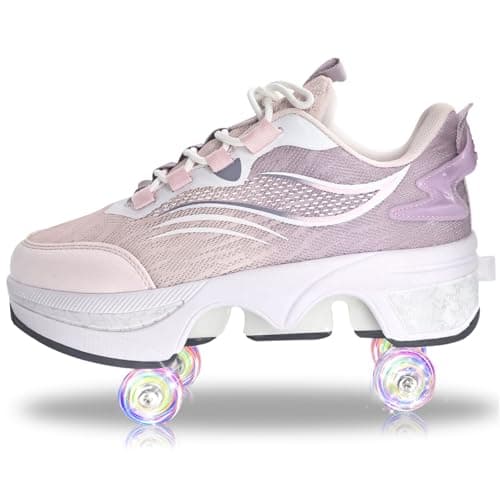 Roller Skate Shoes for Women Four Rounds Children's Roller Skates Shoes that Turn into Rollerskates Sneakers Outdoor Light Shoes with Wheels for Girls/Boys (White Red, US 5)