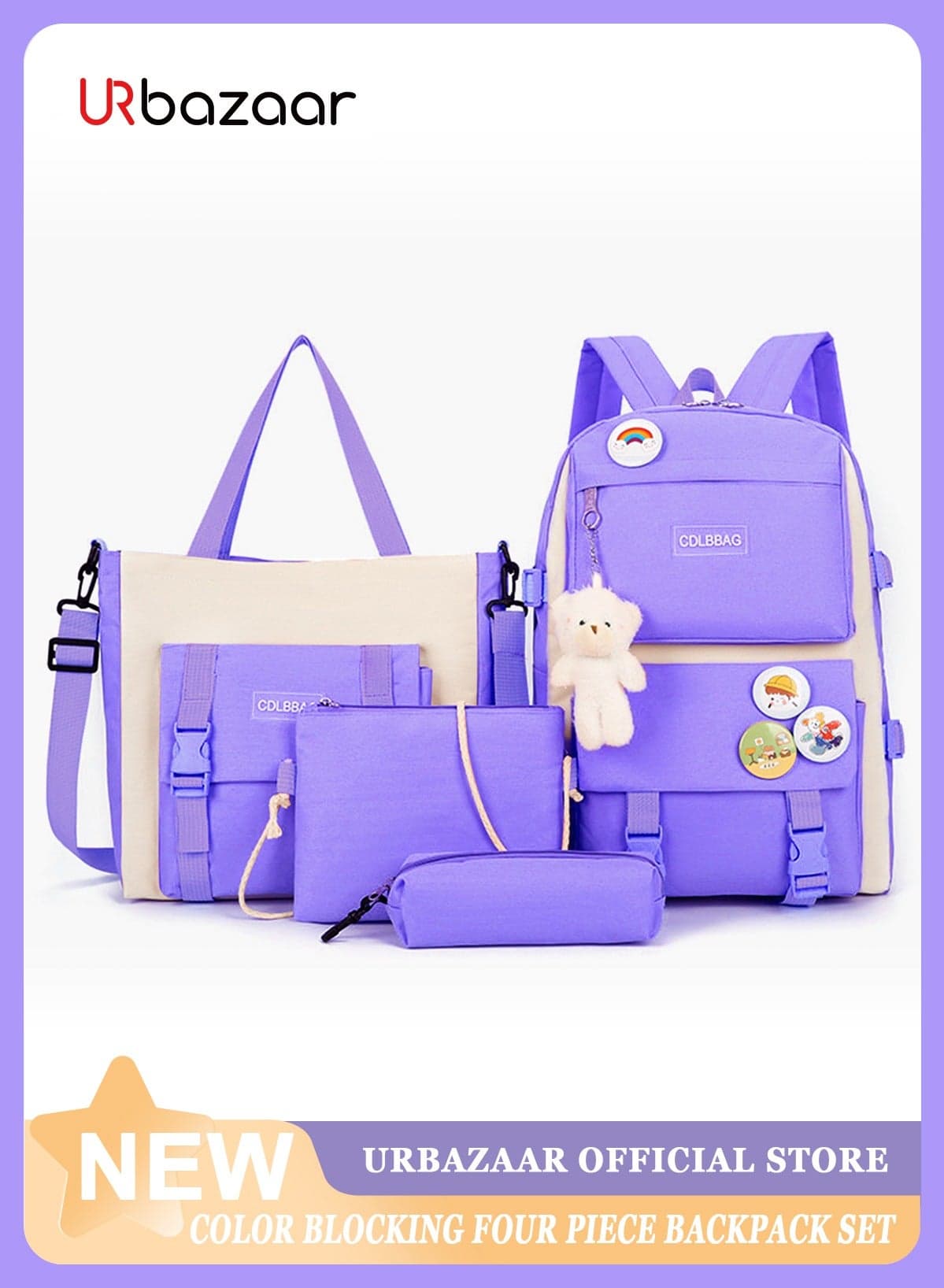 School Bag for Girls 4Pcs Kawaii Cute Backpack Set with Pendant Lunch Bag, Pencil Case, Handbag for Teen Girls School Backpack