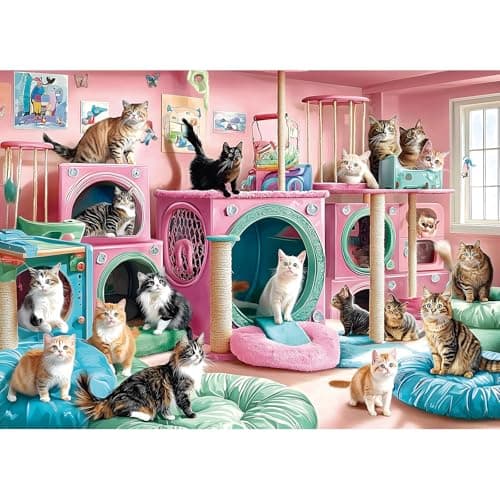 Cat Paradise 1000 Piece Puzzle for Adults Playful Kittys in Pink Playroom Jigsaw Puzzle Vibrant Colorful Cat Play Area Family Challenging Fun Animal Puzzle Gift for Adult Game Night