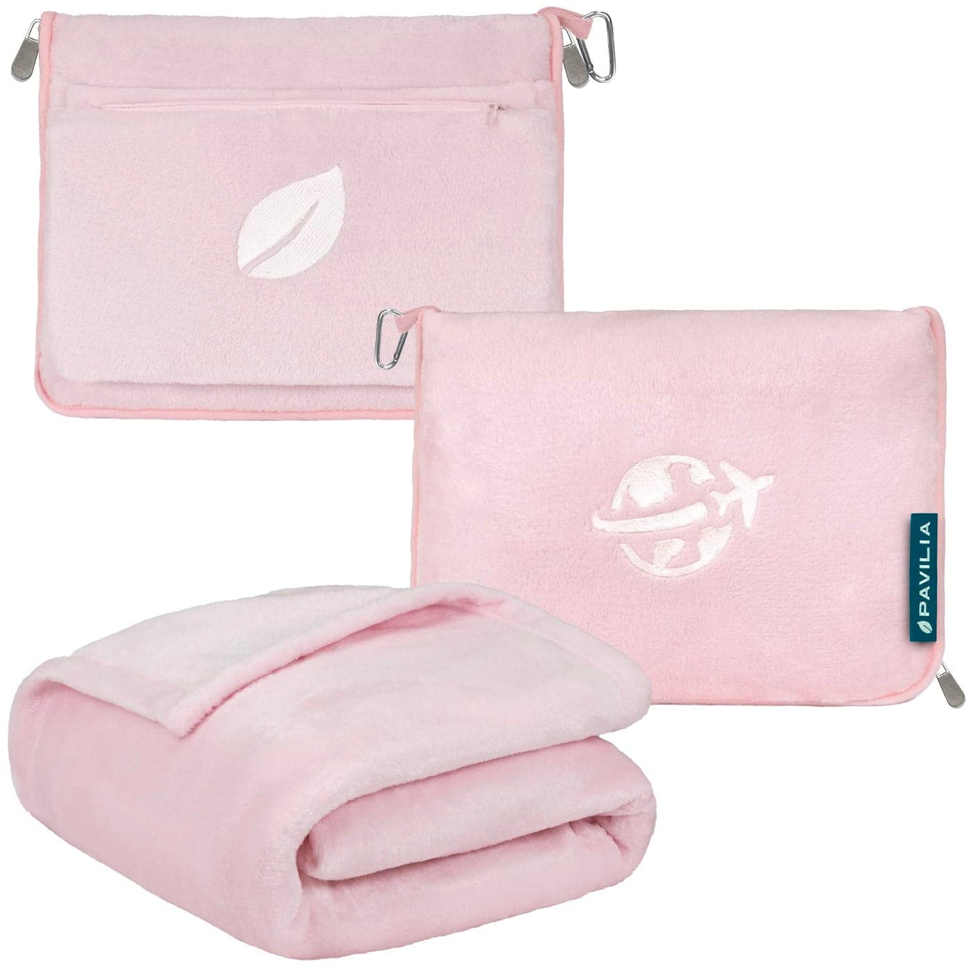 PAVILIA Travel Blanket and Pillow Arms Opening Airplane Blankets for Adults Compact Plane Blanket with Arm Hole 2in1 Bag for Flight Car Camping Fit in Luggage Backpack Traveler Gift Pink