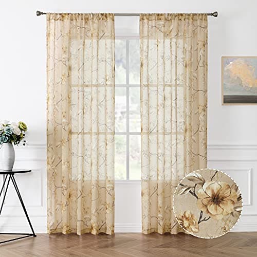 Tollpiz Sheer Curtain Beige Flower Leaf Printed Floral Embroidered Bedroom Curtains Sheer Rod Pocket Voile Faux Linen Short Window Curtain for Living Room, 54 x 45 inches Long, Set of 2 Panels