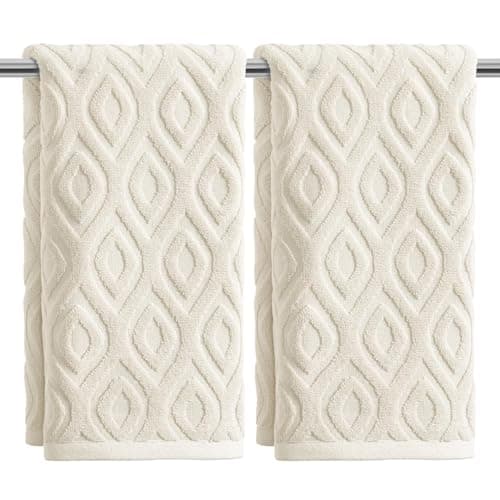 Artoid Mode 2 Pcs Beige 3D Diamond Grid Jacquard Hand Towels for Bathroom, 100% Cotton Soft Absorbent Bathroom Decor Towels, 13.7 x 29.5 Inch