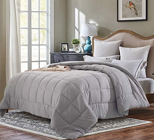 EVOLIVE All Season Comforter – Ultra Soft Pre-Washed Microfiber Down Alternative Duvet Insert, Medium Weight, Fluffy, Box Stitching (Grey, King)