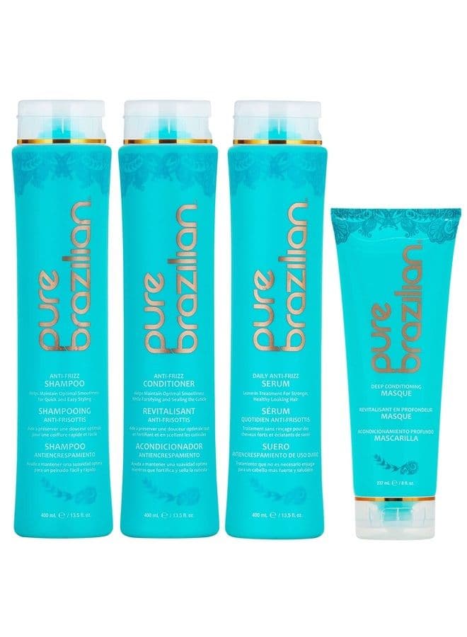 4 Piece Essential Home Care Kit - Anti Frizz Serum, Shampoo, Conditioner, And Deep Conditioning Masque- With Keratin, Argan Oil, And Acai