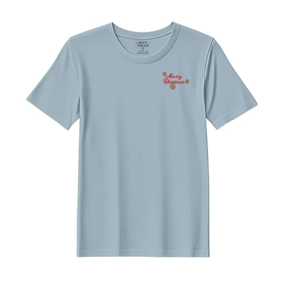 Threads Large Baby Blue Polycotton T-Shirt - Christmas "Merry Christmas with Snowflakes" Embroidered Design, Premium Holiday Collection