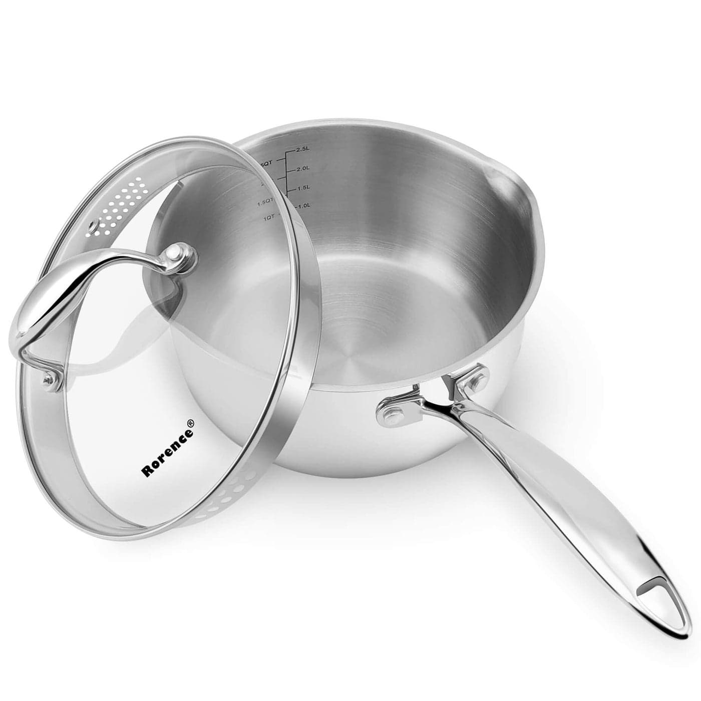 Rorence 3Quart Saucepan with Lid Pour and Strain Stainless Steel Sauce Pan with Pour Spouts Capsule Bottom Tempered Glass Lid