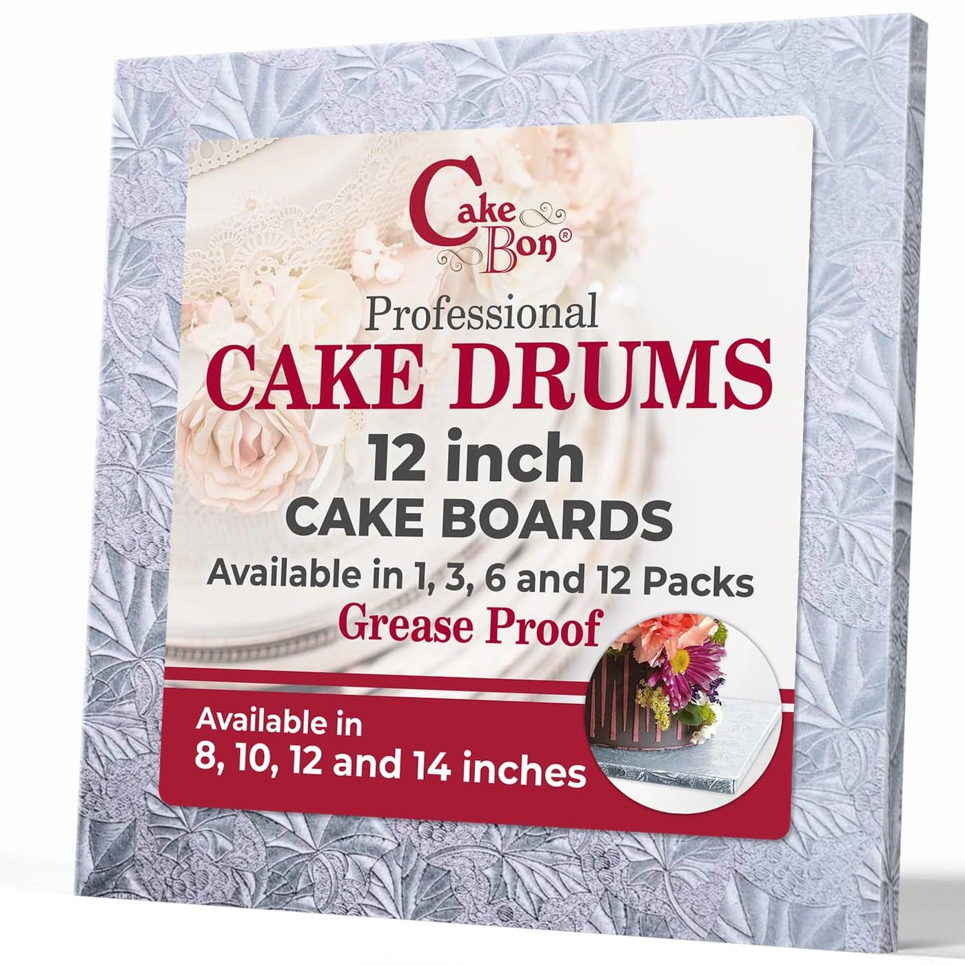 Cakebon Cake Boards Square Sturdy 12 Inch Thick Drums 12 Inch Professionally Wrapped Edges Silver 1Pack