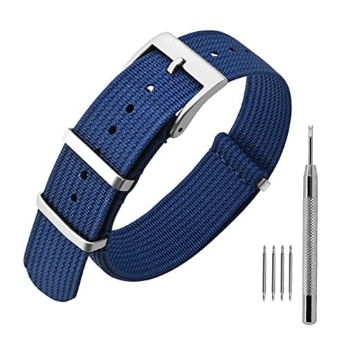 ANNEFIT Nylon Watch Band 22mm OnePiece Waterproof Military Watch Straps with Heavy Silver Buckle Blue