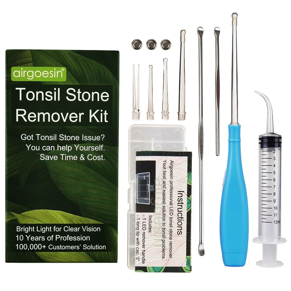 Airgoesin Upgraded Tonsil Stone Remover Tool Blue 5 Tips Tonsillolith Pick Case 1 Irrigator Fresh Breath Oral Rinse