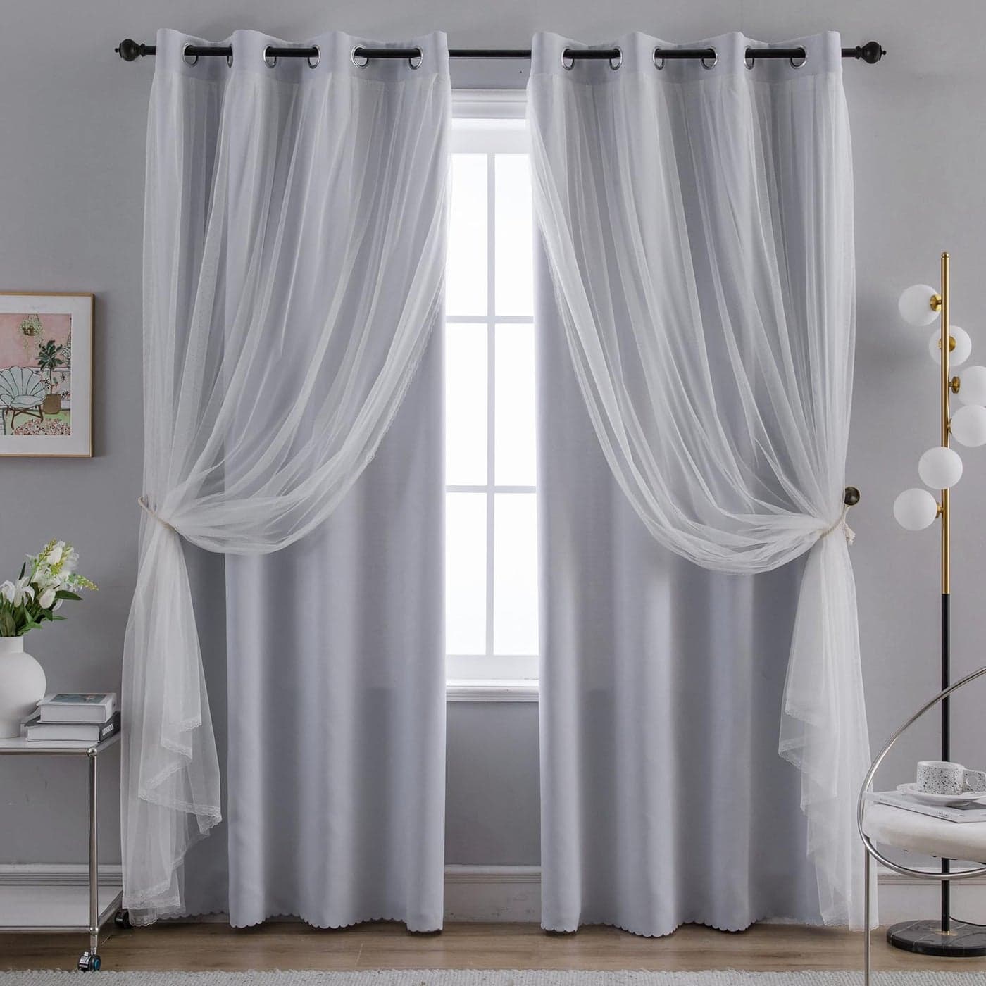 Anytime Home Curtains Blackout and Sheer Layered Solid Window Curtain Panel Pair with Grommet Top 52Wx95LGreyish White